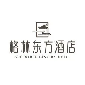 白底方形标志：东方印章式图腾+「格林东方酒店」中英文，黑白极简