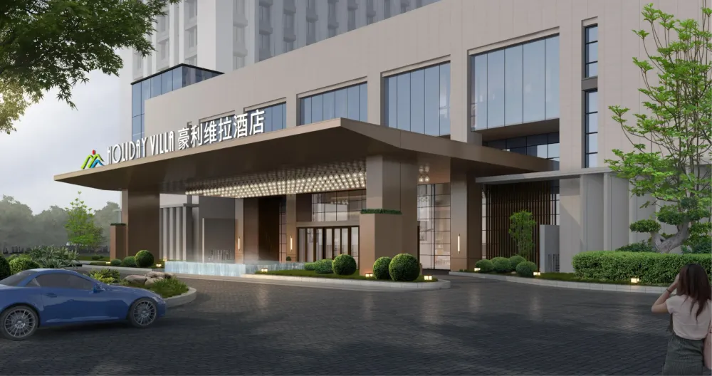 暮色主入口：金棕雨棚+HOLIDAY VILLA豪利维拉发光招牌，前广场水景绿植轿车