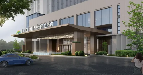 暮色主入口：金棕雨棚+HOLIDAY VILLA豪利维拉发光招牌，前广场水景绿植轿车
